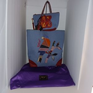 Sharif Animal Melange Denim & Leather Patchwork Tote with Cosmetic Bag, NWT